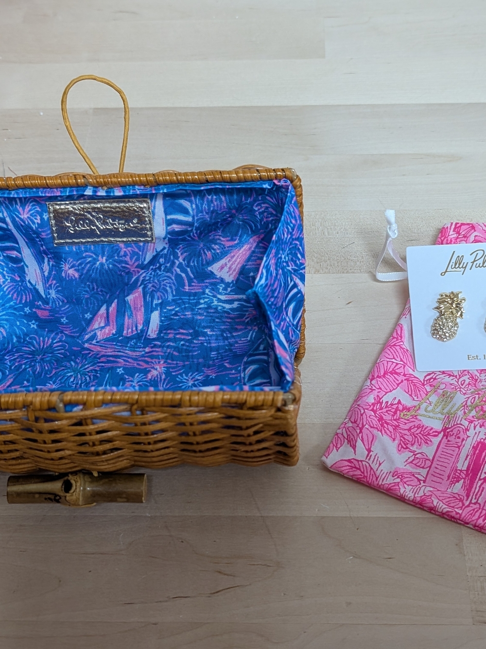 Lilly Pulitzer Wicker Clutch And Pineapple Earrings